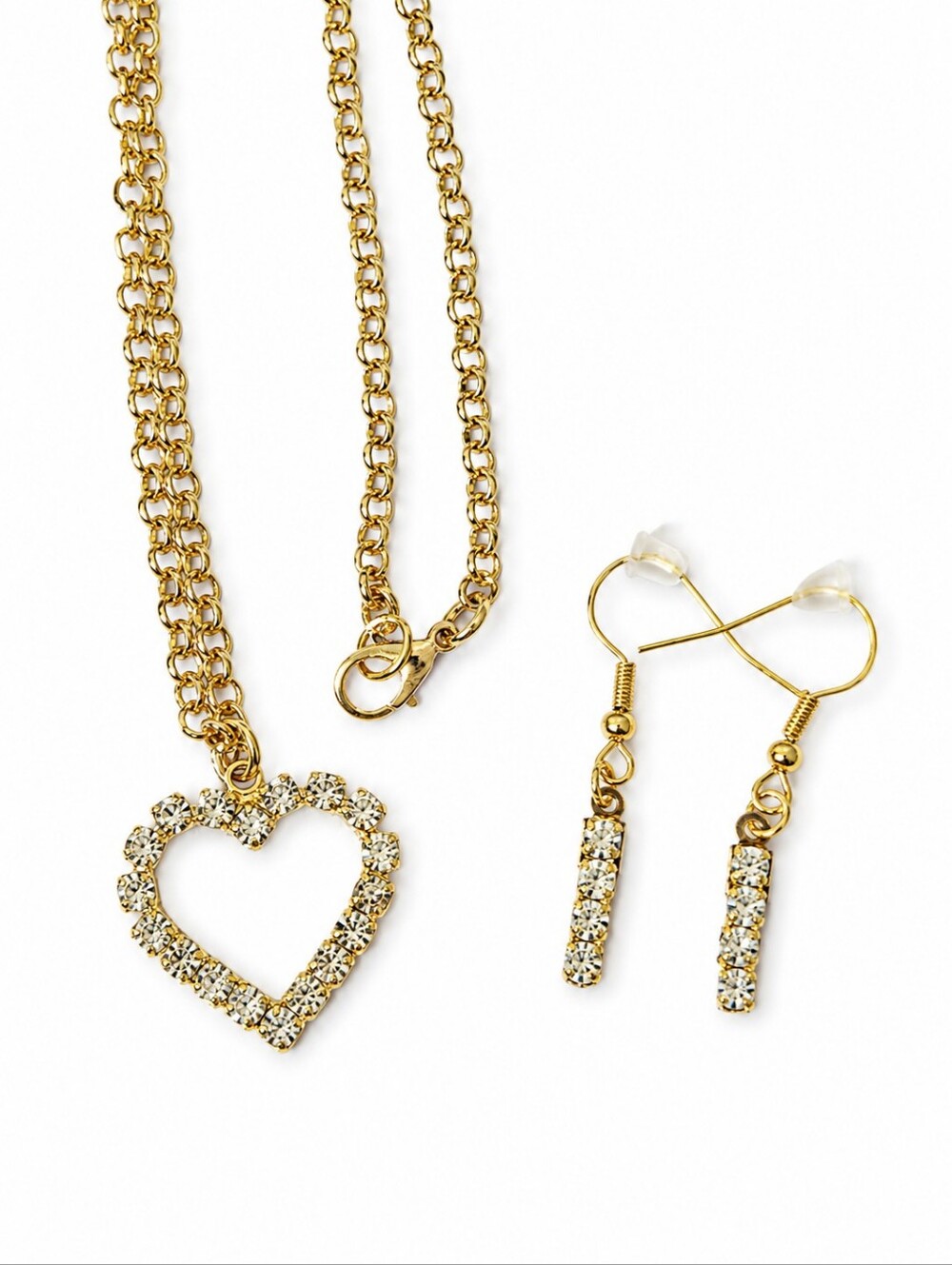 Handmade Gold Rhinestone Heart Necklace & Dangle Earrings Set NWOT Romantic